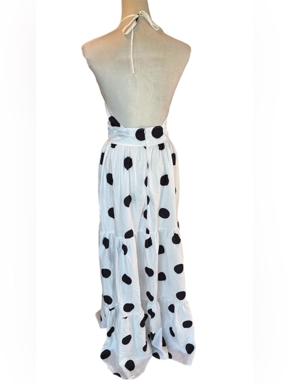 Chic Me- Trendy Beautiful White and Black Polka Dot Halter Maxi Dress - Picture 3 of 6